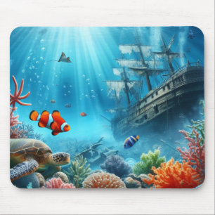 Unter dem Meer, Schildkröte, Korallen, Schiff, Clo Mousepad