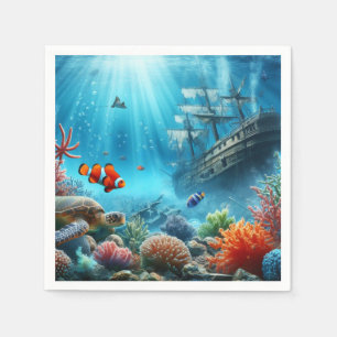 Unter dem Meer, Schildkröte, Korallen, Schiff, Clo Serviette