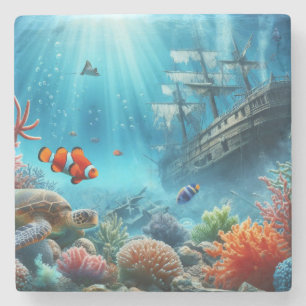 Unter dem Meer, Schildkröte, Korallen, Schiff, Clo Steinuntersetzer