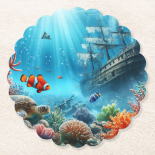 Unter dem Meer, Schildkröte, Korallen, Schiff, Clo Untersetzer