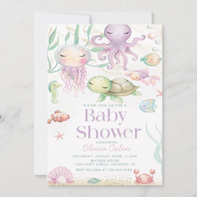 Unter dem Meer Tiere lila Babydusche Einladung (Vorderseite)