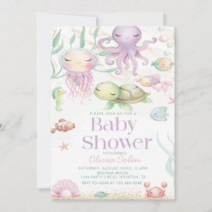 Unter dem Meer Tiere lila Babydusche Einladung
