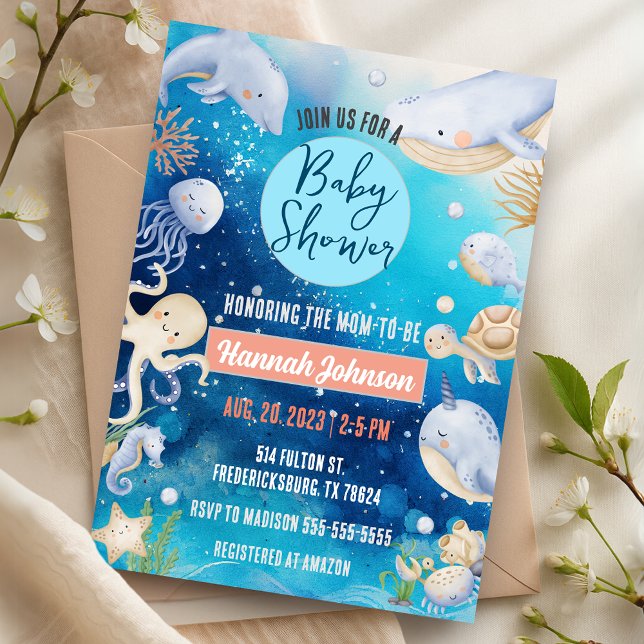 Unter dem Meer Tiere Whale Baby Dusche Einladung (Under the Sea Ocean Animals Baby Boy Girl Baby Shower Invitation)