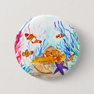 Unter dem Meer Wasserfarben Fisch Ozean Nautical Button