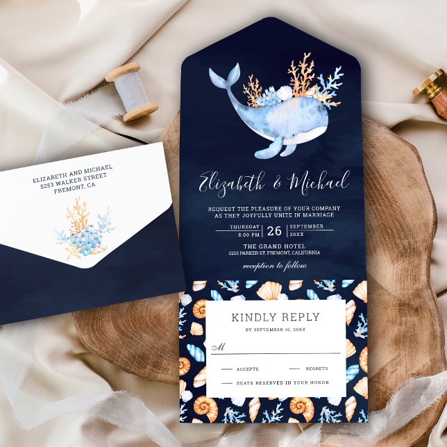 Unter dem Meer Whale Navy Blue Nautical Wedding All In One Einladung (Von Creator hochgeladen)