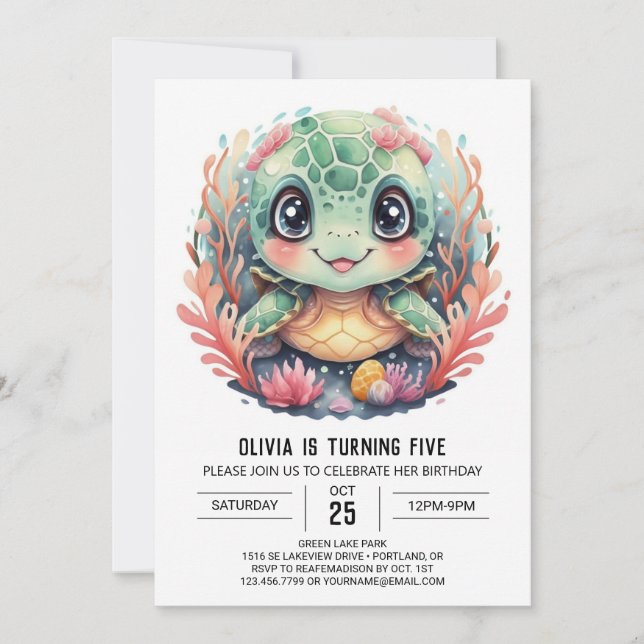 Unter dem Meer Whimsical Turtle Girl Birthday Einladung (Vorderseite)