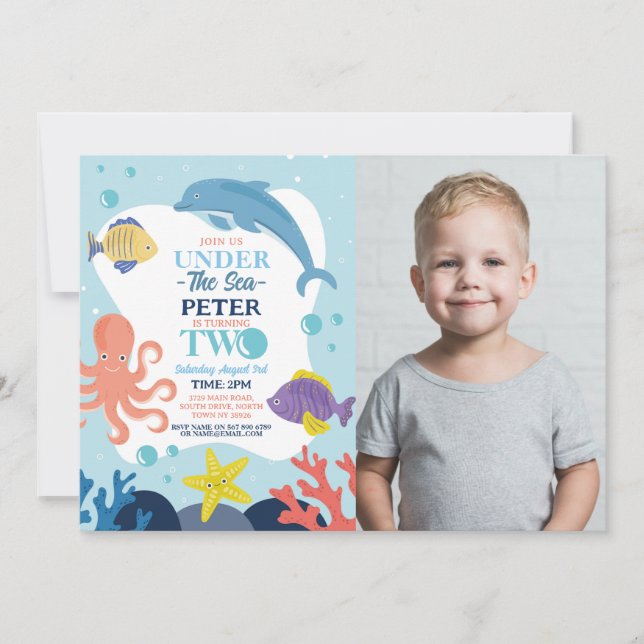 Unter dem Meer ZWEI Ozean Dolphin Octopus 2. Foto Einladung (Vorderseite)