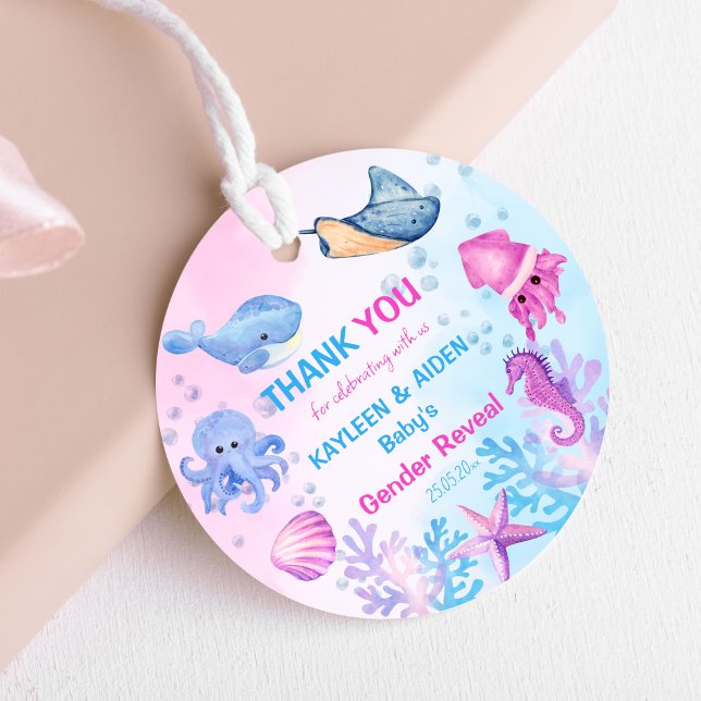 Unter dem Meeresgeschlecht offenbaren niedlichen D Geschenkanhänger (Under the sea gender reveal cute pink and blue sea creatures thank you favor tags he or she boy girl)
