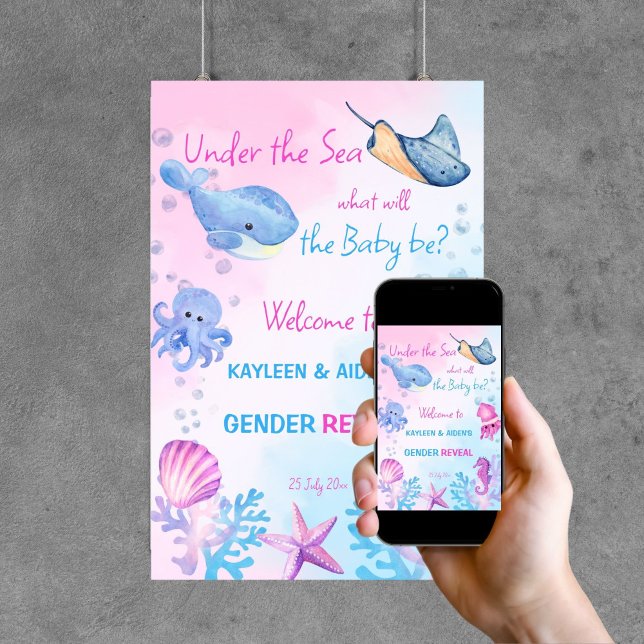 Unter dem Meeresgeschlecht offenbart Begrüßungszei Poster (Under the sea gender reveal party welcome sign poster template digital download cute pink and blue)