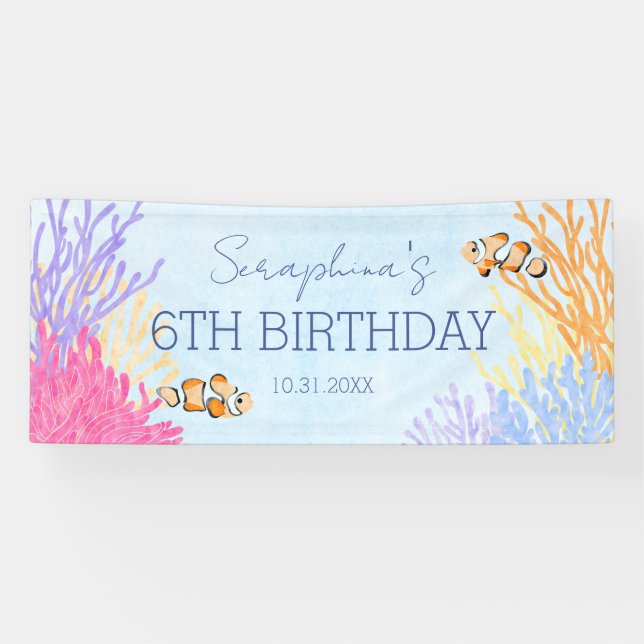 Unter dem Meereskorallenriff Clown Fisch Geburtsta Banner (Horizontal)