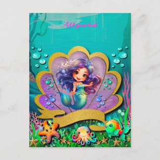 Unter dem Party "Sea & Mermaid Birthday Girl" Einladungspostkarte