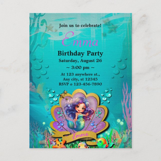 Unter dem Party "Sea & Mermaid Birthday Girl" Einladungspostkarte (Vorderseite)