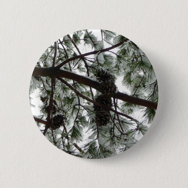 Unter dem schneebedeckten Kiefernwald WinterFoto Button (Vorderseite)