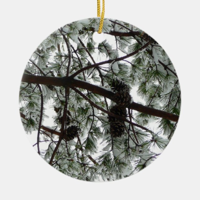 Unter dem schneebedeckten Kiefernwald WinterFoto Keramikornament (Vorne)