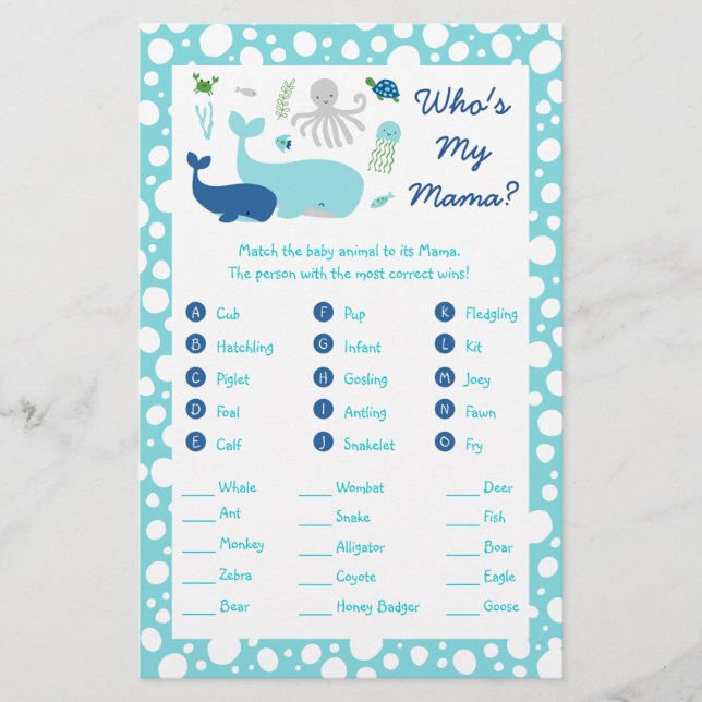 Unter dem Sea Baby Shower Animal Match Game Flyer (Vorne)