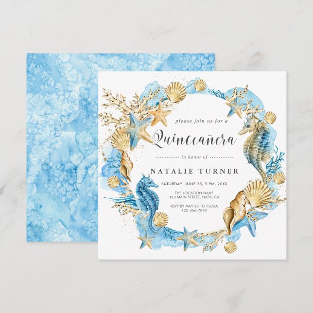 Unter dem Sea Blue & Gold Quinceñera Platz Einladung (Vorne/Hinten)