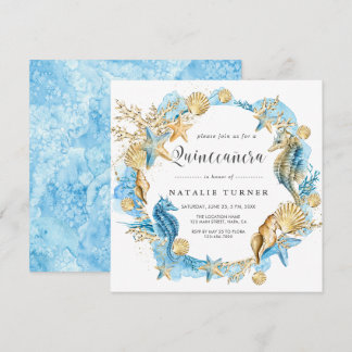 Unter dem Sea Blue & Gold Quinceñera Platz Einladung