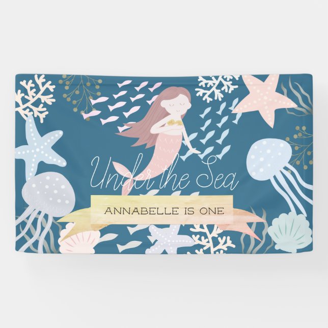 Unter dem Sea Mermaid Navy Blue Birthday Banner (Horizontal)