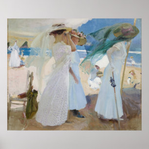 Unter dem Vordach, Strand Szene Aquarell Poster