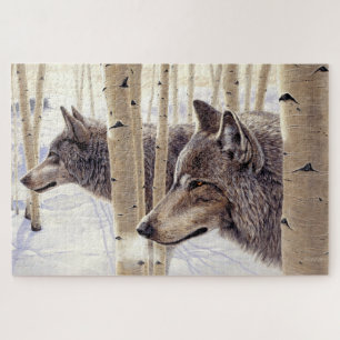 Unter den Aspens Two Wolves in Winter Snow Art