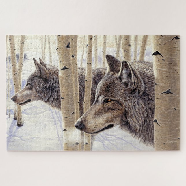 Unter den Aspens Two Wolves in Winter Snow Art (Horizontal)
