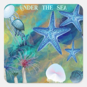 Unter den Seeanemonen Seestern Quallen Blaues Kind Quadratischer Aufkleber
