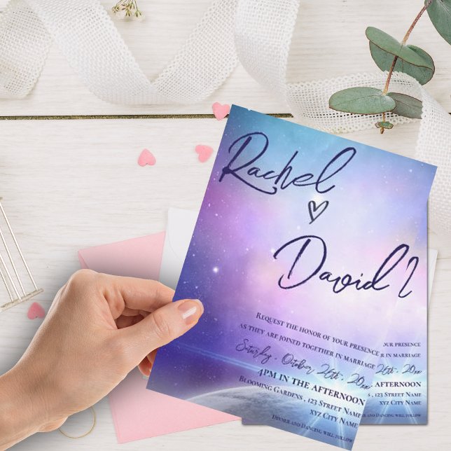 Unter den Sternen Lila rosa Typografie Hochzeit (Under the Stars Purple Pink Typography Wedding Invitation)