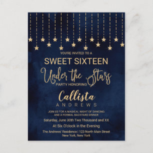 Unter den Sternen Navy Blue Gold Glitzern Sweet 16 Einladungspostkarte