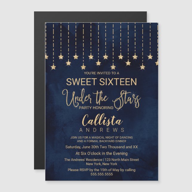 Unter den Sternen Navy Blue Gold Glitzern Sweet 16 Magneteinladung (Vorne/Hinten)
