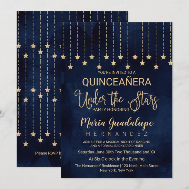 Unter den Sternen Navy Blue Gold Sparkle Quinceañe Einladung (Vorne/Hinten)