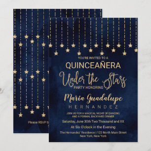 Unter den Sternen Navy Blue Gold Sparkle Quinceañe Einladung