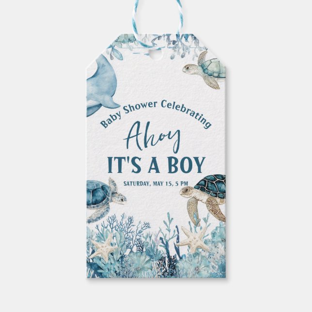 Unter der Blue Ahoy ist eine Baby-Dusche Geschenkanhänger (Vorderseite)