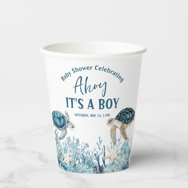 Unter der Blue Ahoy ist eine Baby-Dusche Pappbecher (Vorderseite)