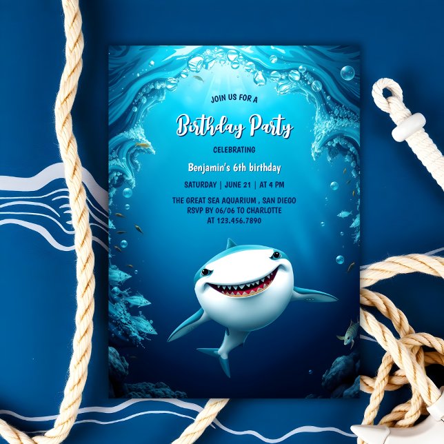 Unter der Geburtstagspartei des Seefischers Einladung (Under The Sea Kids Shark Birthday Party Invitation)