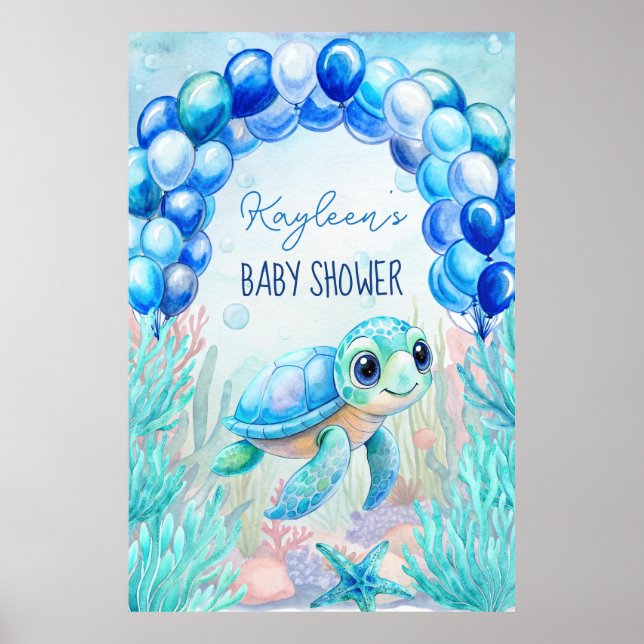 Unter der Meeresschildkröte Aqua Blue Baby Dusche  Poster (Vorne)