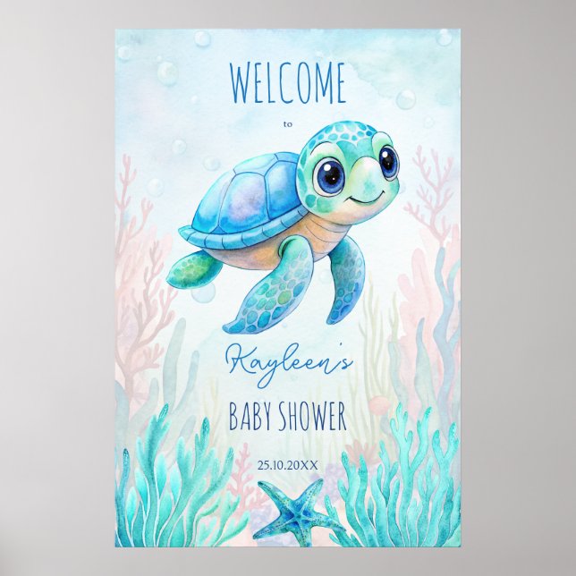 Unter der Meeresschildkröte Aqua Blue Babydusche E Poster (Vorne)
