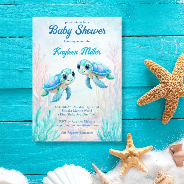 Unter der Meeresschildkröte Aqua Blue Zwillinge Ba Einladung (Under the sea turtle aqua blue twin boys baby shower invitation template cute sea turtle invites)
