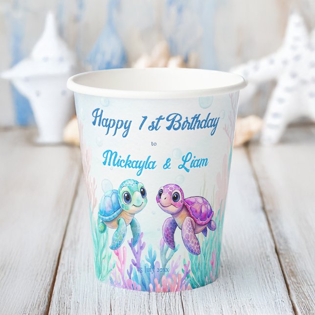 Unter der Meeresschildkröte Aqua Blue Zwillinge Ge Pappbecher (Under the sea turtle aqua blue purple twins birthday party personalized paper cups)