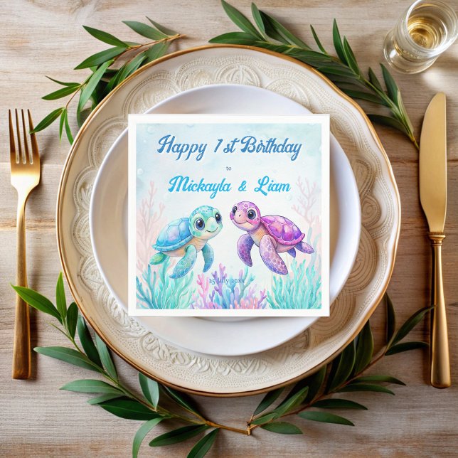 Unter der Meeresschildkröte Aqua Blue Zwillinge Ge Serviette (Under the sea turtle aqua blue pink purple twins birthday party personalized printed napkins)