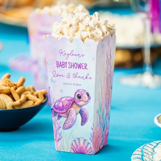 Unter der Meeresschildkröte lila Babydusche Mädche Geschenkschachtel (Under the sea cute pink purple turtle girls baby shower personalized popcorn favor boxes)