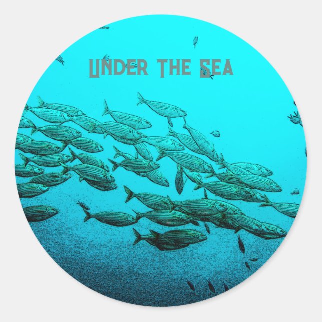 Unter der Meeresschule für den Fischfang Aqua Blue Runder Aufkleber (Vorderseite)