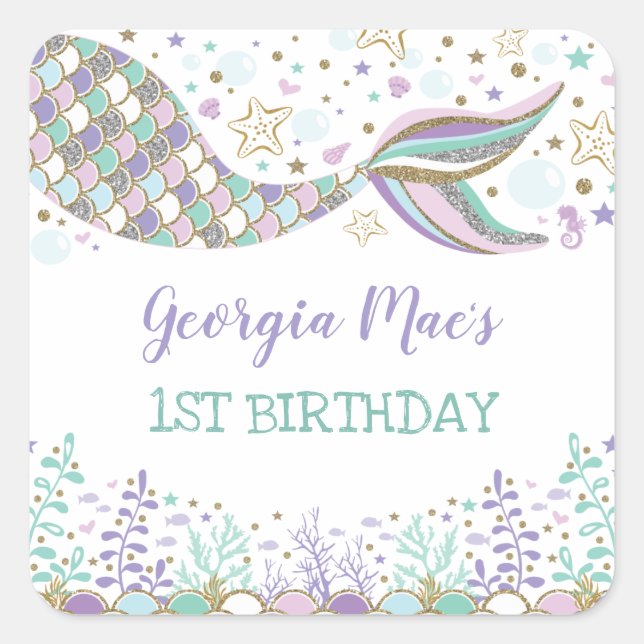 Unter der Meerjungfrau Birthday Favor Beach Baby Quadratischer Aufkleber (Vorderseite)