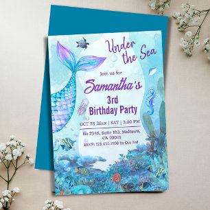 Unter der Meerjungfrau blau & lila 3. Geburtstag Einladung