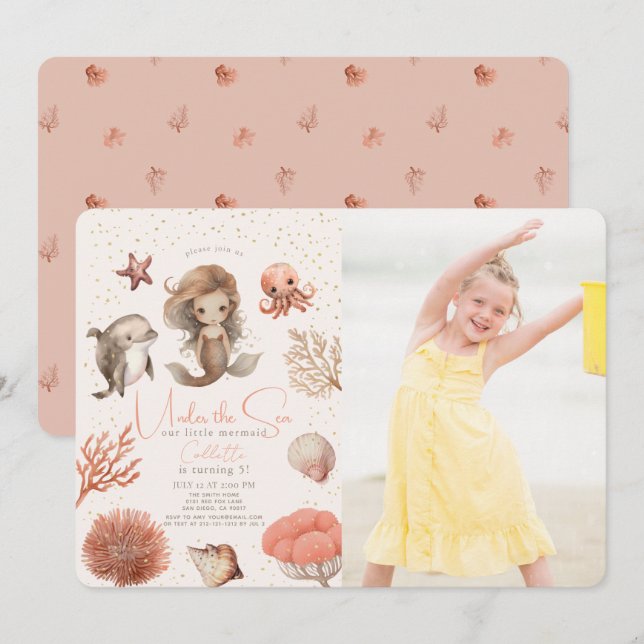 Unter der Meerjungfrau Sea Pink Birthday Foto Einladung (Vorne/Hinten)