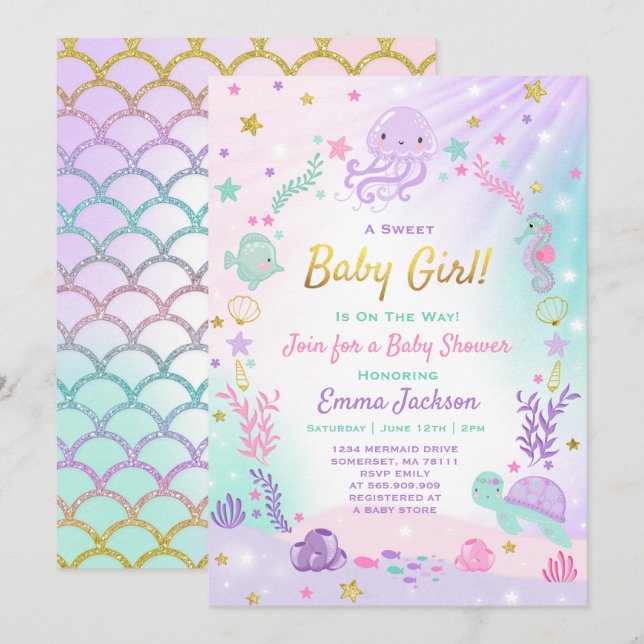 Unter der Sea Baby Dusche Einladung Pink & Gold (Vorne/Hinten)