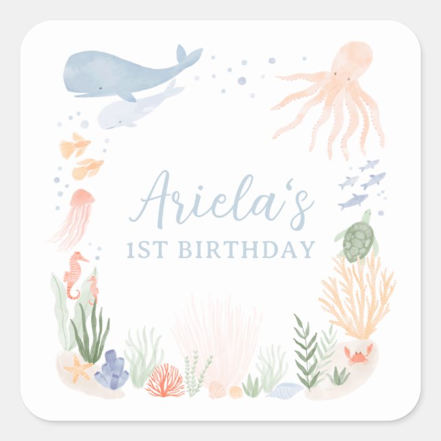 Unter der "Sea Birthday Party" Quadratischer Aufkleber (Vorderseite)