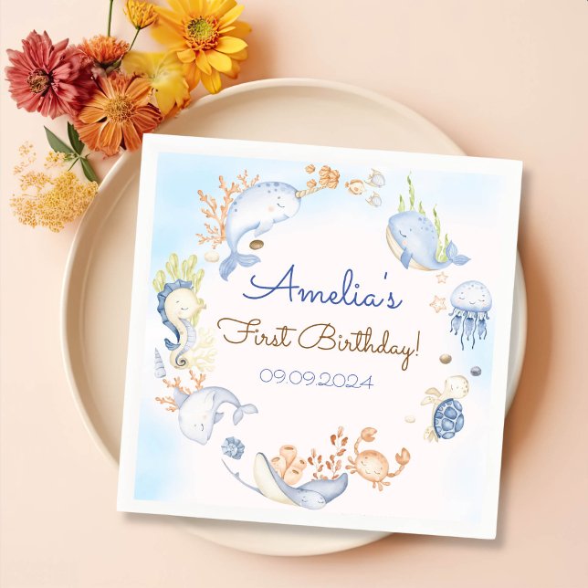 Unter der Sea Blue Sea Life Birthday Party Serviette (Von Creator hochgeladen)