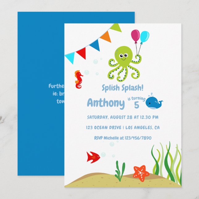 Unter der Sea Boy Birthday Party Einladung (Vorne/Hinten)