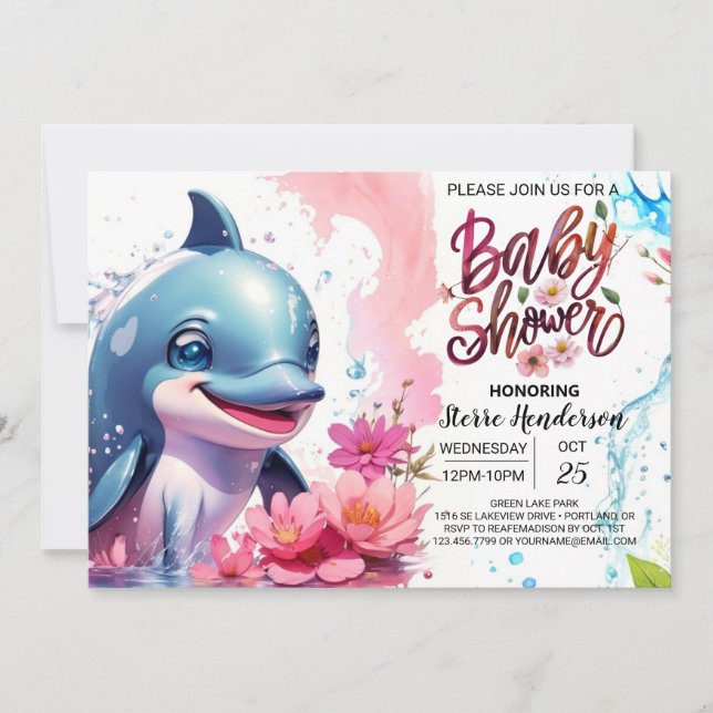 Unter der Sea Magic Girl Baby Dolphin Dusche Einladung (Vorderseite)