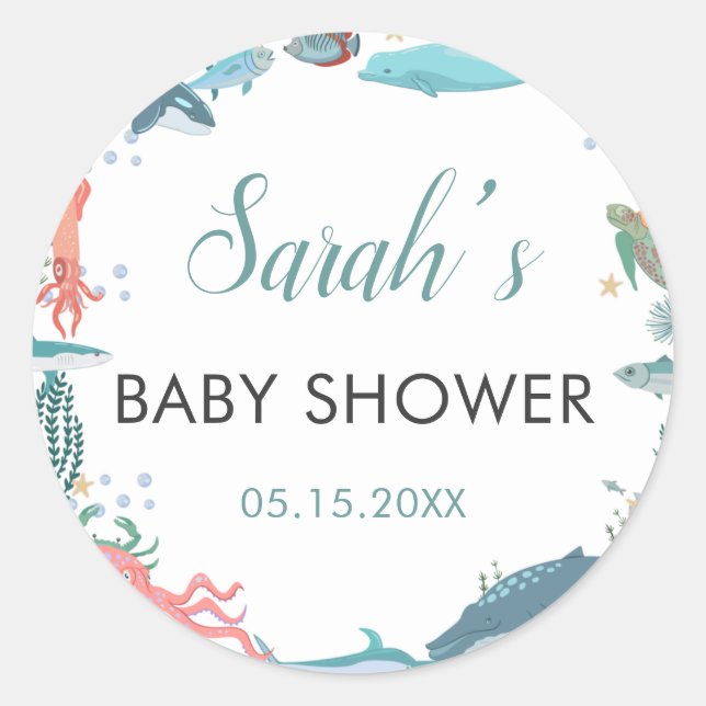 Unter Meer Niedliche Meerestiere Baby Dusche UAWG Runder Aufkleber (Vorderseite)